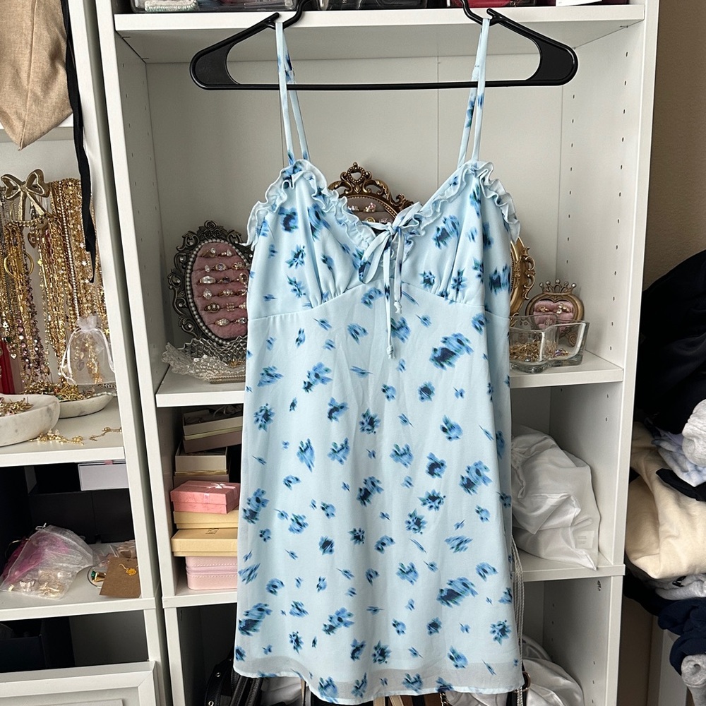 wild fable Light Blue Floral Satin Slip Dress